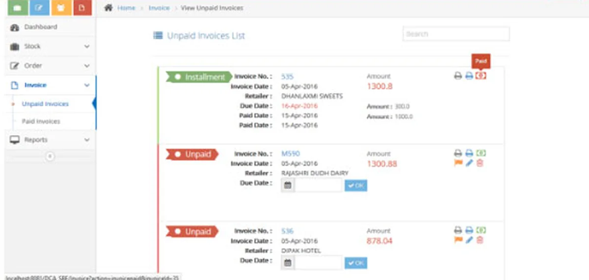 YSM Billing — unpaid invoices list with retailer, due date and amount
