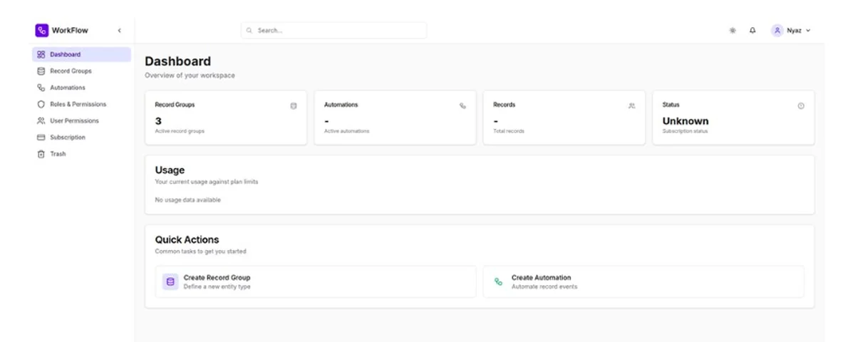 YSM CRM — workspace dashboard with record groups, automations and quick actions