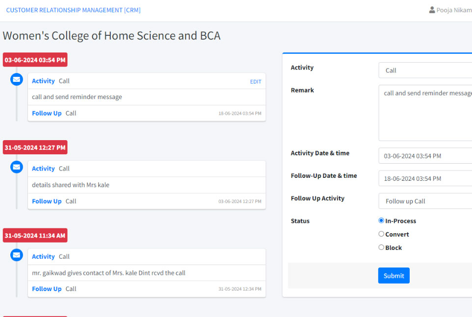 CRM activity and follow-up timeline web application