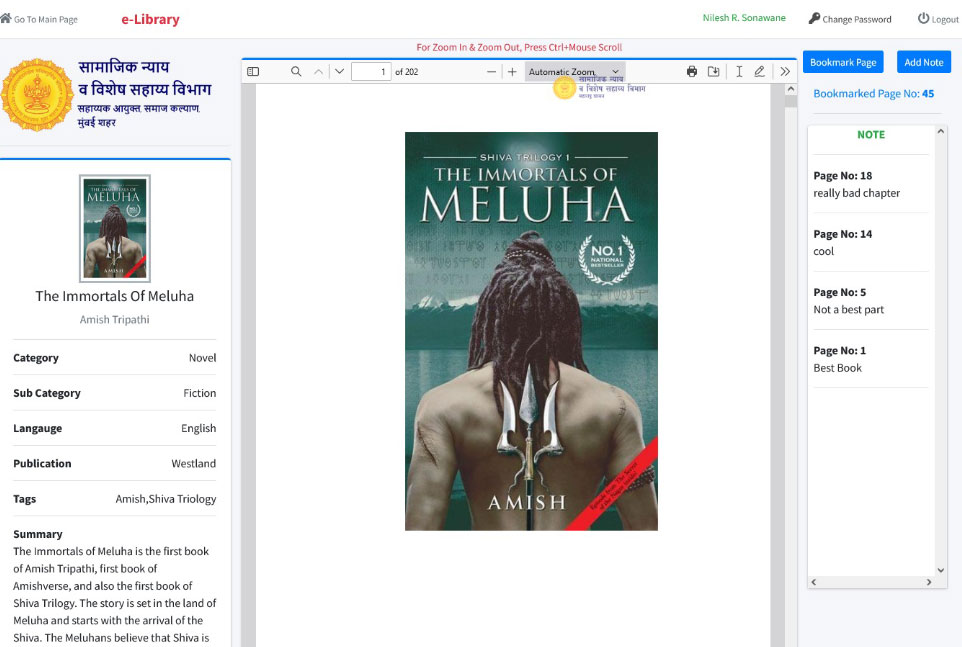 e-Library digital reader with bookmarks and notes